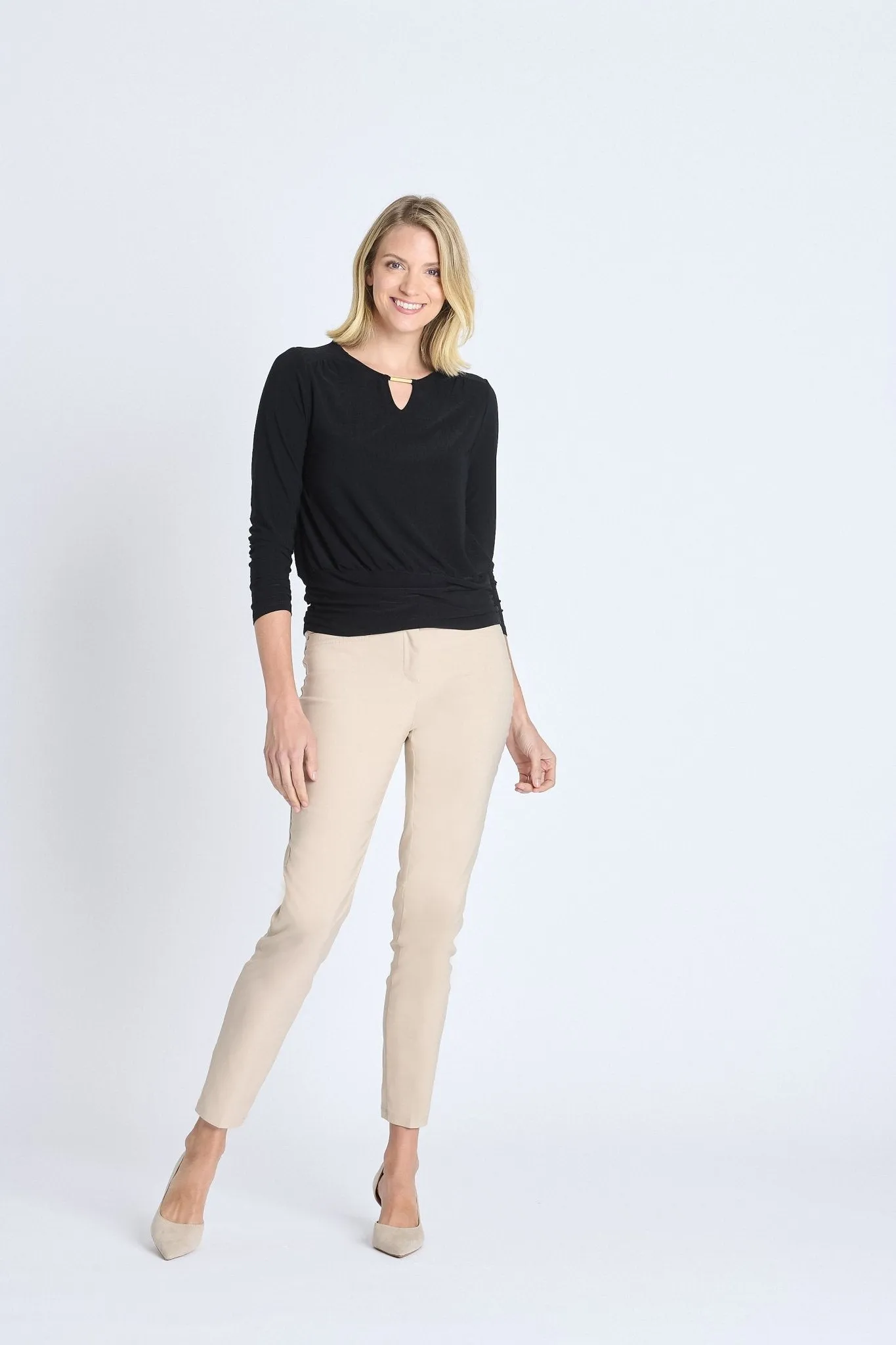 V-Neck Bar Trim Banded Top, Black