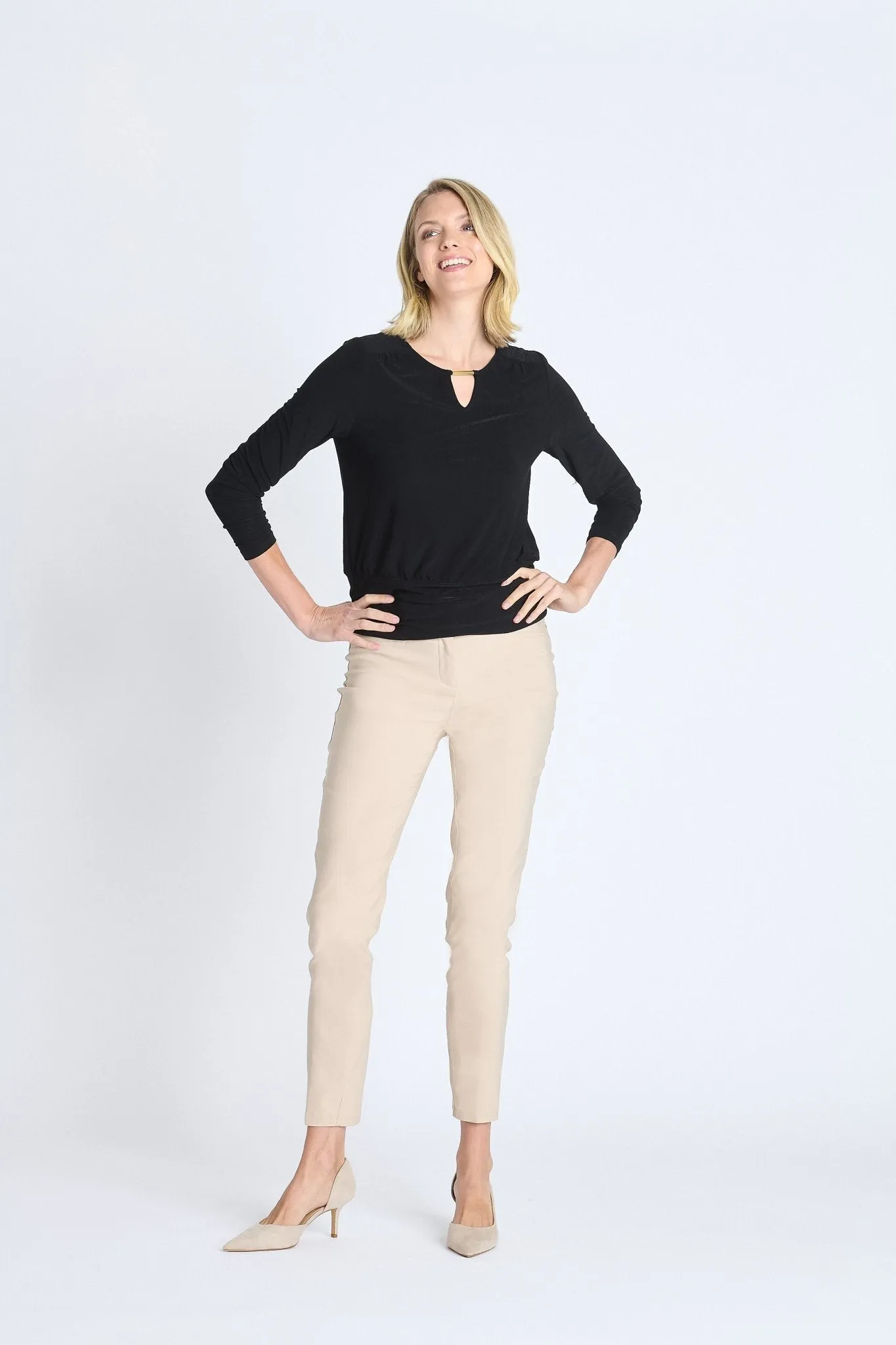 V-Neck Bar Trim Banded Top, Black